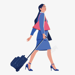 手绘卡通高挑女人拉着行李箱元素素材