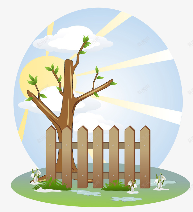 田园景色插画png免抠素材_88icon https://88icon.com 天空 春天库 树插画库 篱笆 自然景色 草