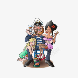 卡通左拥右抱的尽情狂欢的海盗船素材