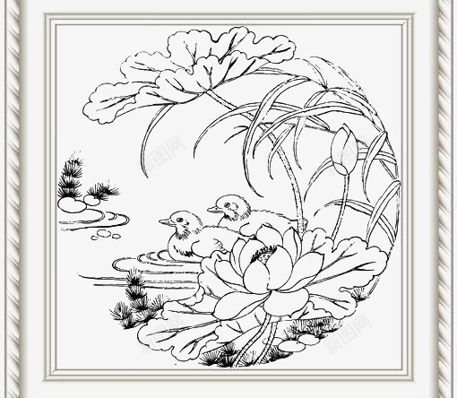 一幅画png免抠素材_88icon https://88icon.com 手绘 画框 荷花 鸳鸯 黑