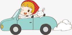 开车跑的人物女孩和兔子一起开车卡通图高清图片