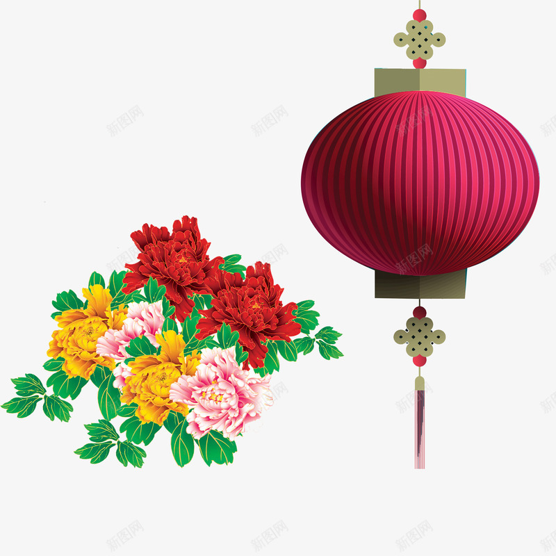 灯笼和牡丹花psd免抠素材_88icon https://88icon.com 喜庆 灯笼 牡丹 花朵