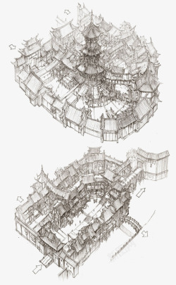 手绘建筑模型线稿素材