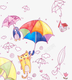 创意卡通圆圈手绘雨伞小猫咪素材