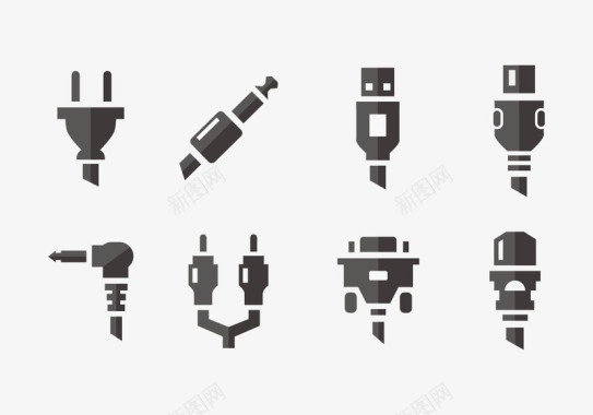 黑白各种电插头图标图标