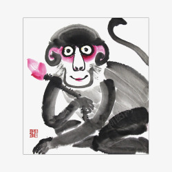 中国风水墨画拿荷花的猴子插画免素材
