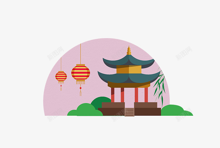 中国分元素png免抠素材_88icon https://88icon.com 中秋节元素 手绘凉亭 灯笼 草地