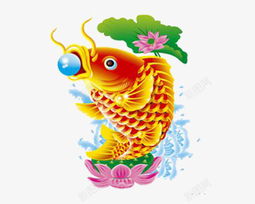 鲤鱼吐珠png免抠素材_88icon https://88icon.com 唯美 工笔画 彩色 荷花 鲤鱼