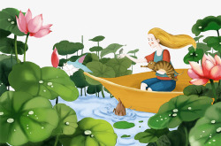 划船荷叶莲花池里的小女孩高清图片
