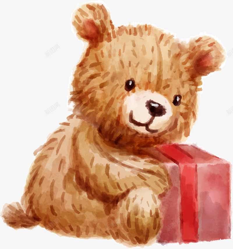 手绘抱着礼盒的黄色小熊png免抠素材_88icon https://88icon.com 可爱小熊 手绘小熊 抱着礼盒 水彩 红色礼盒 黄色小熊