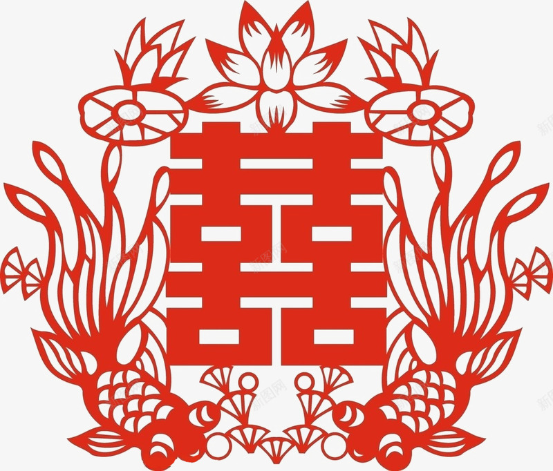 剪纸png免抠素材_88icon https://88icon.com 剪纸 喜庆 囍 红色 荷花 鱼