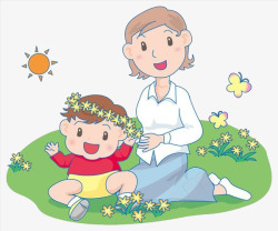 妈妈和宝宝坐在草坪上素材