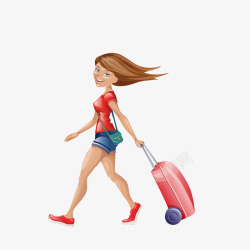红色旅行箱拉着行李箱开心旅游的女子高清图片
