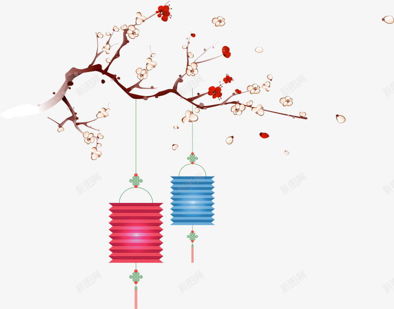 红色中国风花枝灯笼png免抠素材_88icon https://88icon.com 新年 新春 春节 灯笼 灯笼挂饰 红色花枝