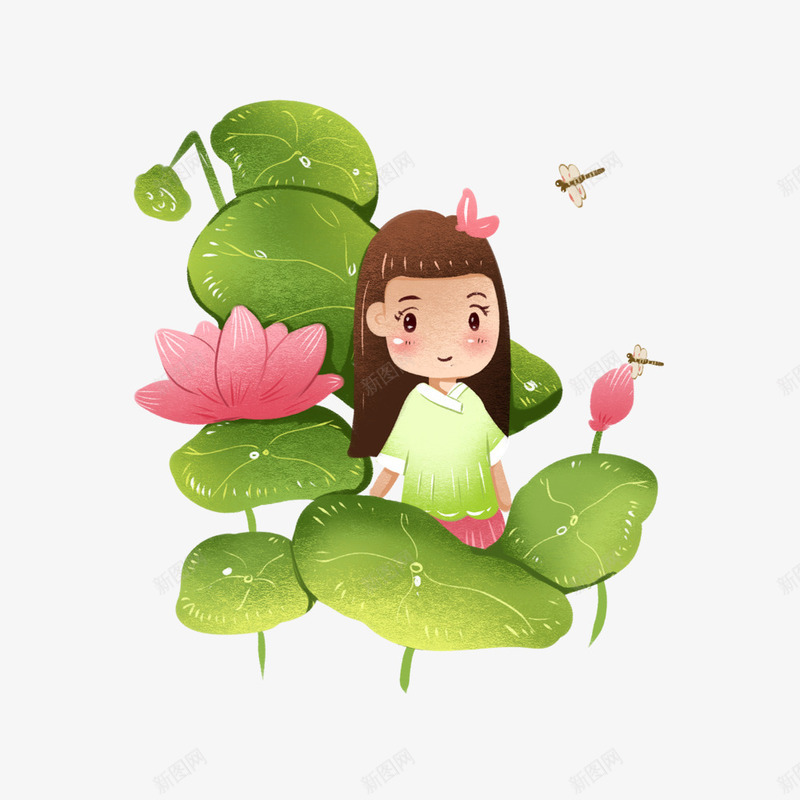 绿色荷叶丛中的小女孩png免抠素材_88icon https://88icon.com 动漫动画 卡通手绘 小女孩 植物 池塘 荷花 装饰图