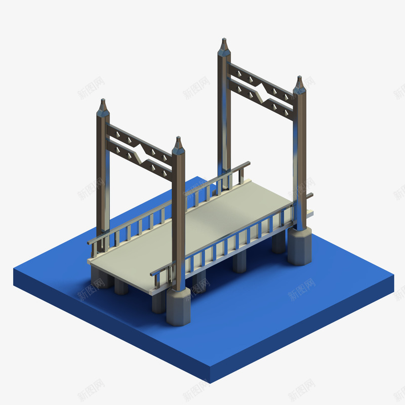 蓝色水体中的模型png免抠素材_88icon https://88icon.com 可爱 桥梁 模型桥 水体 立体 等轴3D 高清 高端