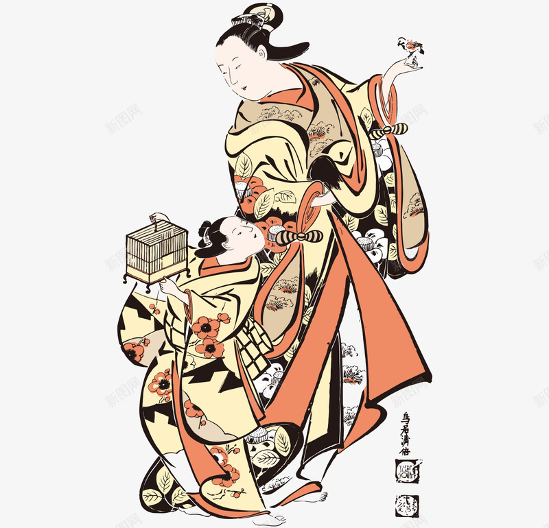 卡通手绘玩鸟的日本母子矢量图ai免抠素材_88icon https://88icon.com 卡通的日本人 妈妈和儿子手绘 手绘的日本母子 玩鸟的日本母子 矢量图 矢量的日本人物
