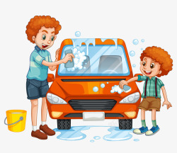 一辆汽车洗车的父子高清图片