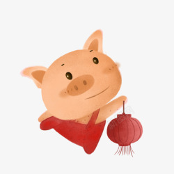 水彩手绘可爱的小猪拿着灯笼素材