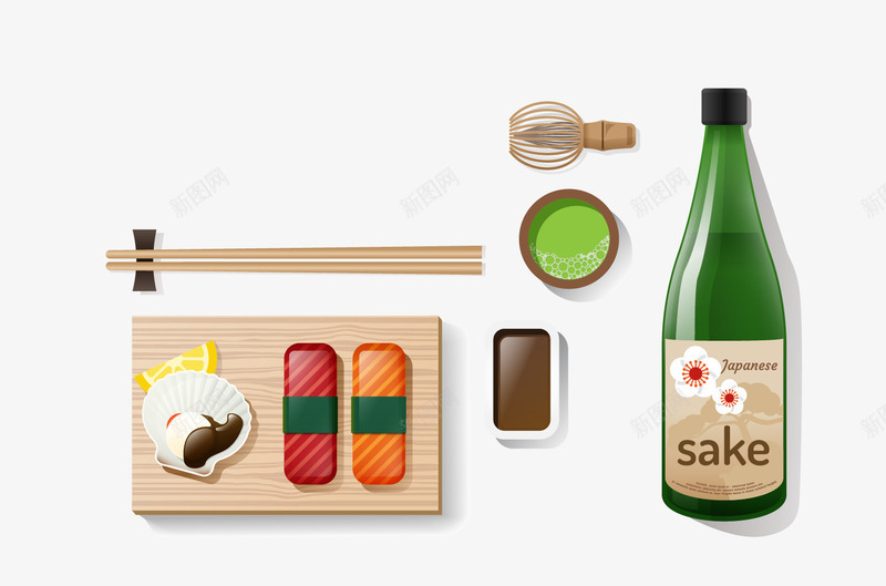 日本食物矢量图eps免抠素材_88icon https://88icon.com sake 寿司 日本食物 筷子 酒瓶子 矢量图