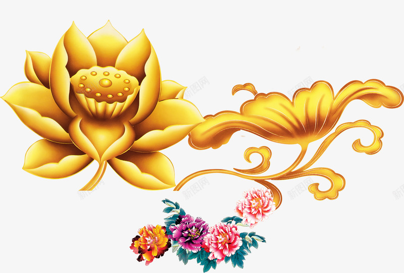 金色多彩手绘荷花装饰图案png免抠素材_88icon https://88icon.com PNG 多彩金色 手绘 荷花 装饰图案