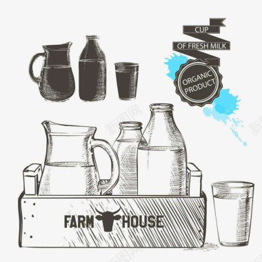 夏季饮品黑白手绘牛奶图标图标