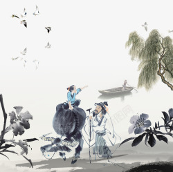 树木的孩子中国风放牛孩子老人水墨画高清图片