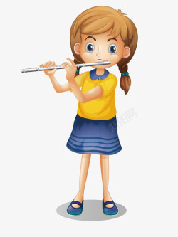 男人吹笛子手绘卡通吹笛子的小女孩高清图片