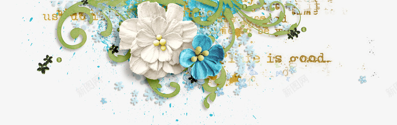 唯美的花朵和树叶背景png免抠素材_88icon https://88icon.com 唯美风格 白色花朵 绿色抽象树叶 背景 背景素材 英文短句 蓝色花朵