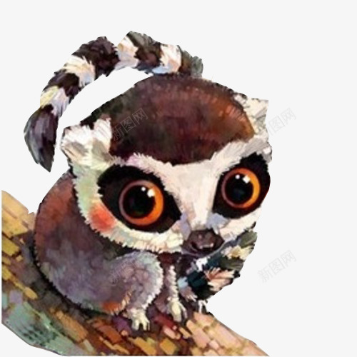 狐尾猴手绘片png免抠素材_88icon https://88icon.com 保护动物 大眼猴 大眼睛 斑马条纹尾巴 水彩手绘 狐尾猴 猴子