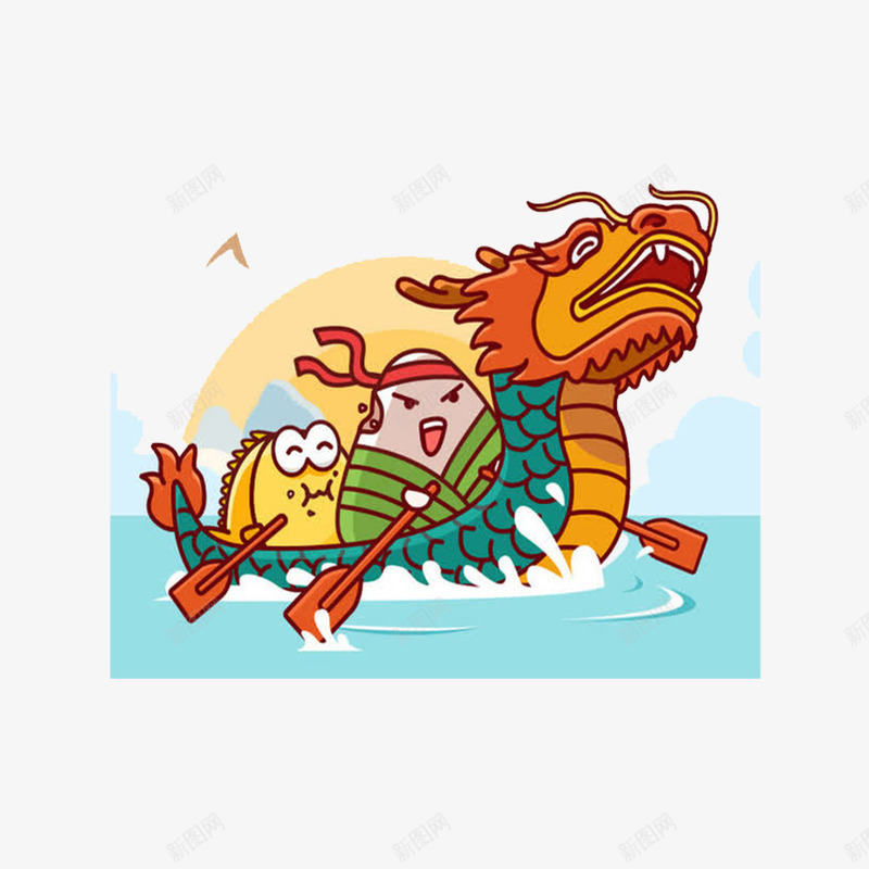 赛龙舟的粽子png免抠素材_88icon https://88icon.com 卡通手绘 抽象 湖水 端午节 粽子 船桨 赛龙舟 龙 龙舟