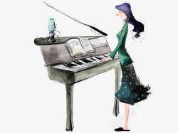 手绘弹钢琴的女人素材