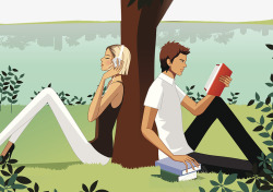 看书插图坐在草地上背靠背的情侣高清图片