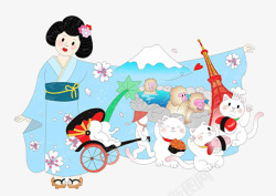 手绘日本女孩旅游出行插画素材