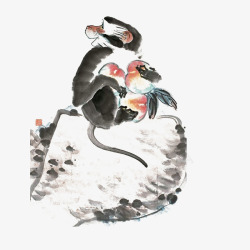 中国风古典国画猴子抱桃坐在石头素材