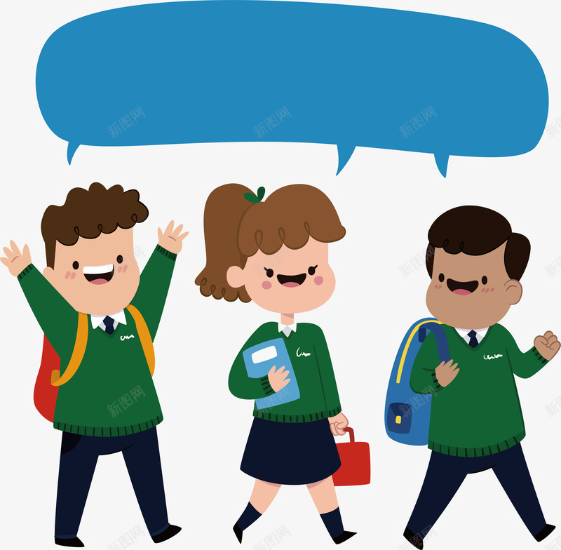 穿绿色校服的学生png免抠素材_88icon https://88icon.com 一起上学 三个学生 开学季 教育海报 矢量png 蓝色气泡