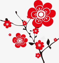 手绘树枝红色梅花图案素材