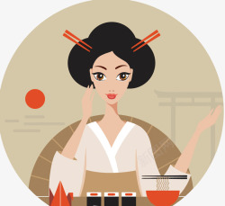 日本艺妓吃寿司素材