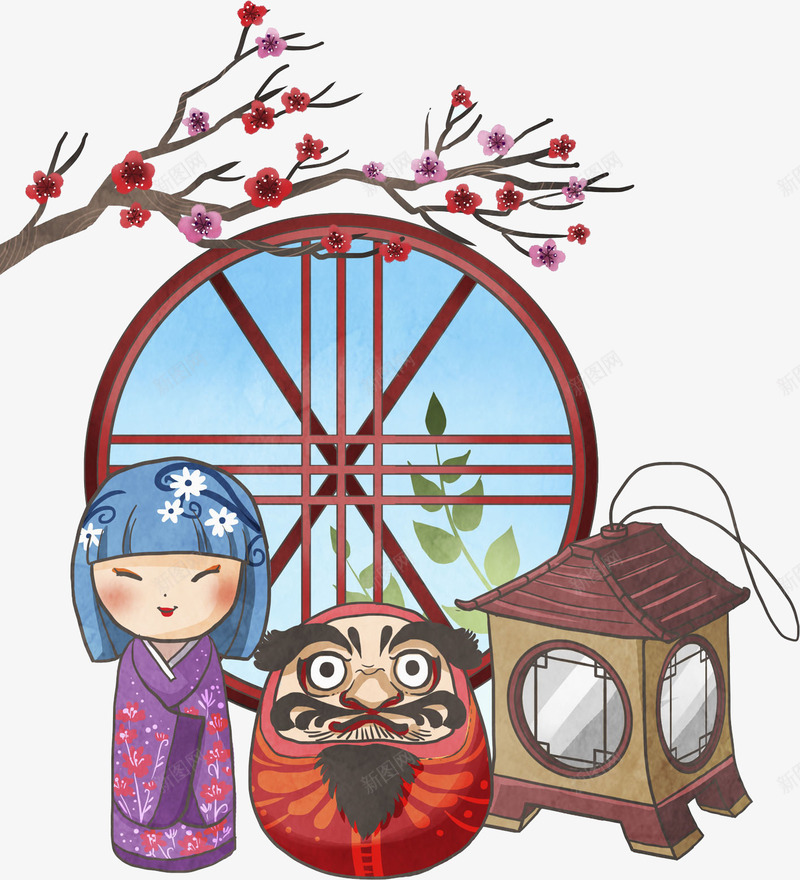 陶瓷娃娃和窗户图png免抠素材_88icon https://88icon.com 中国风 古风 叶子 复古 树枝 梅花 水彩 灯罩