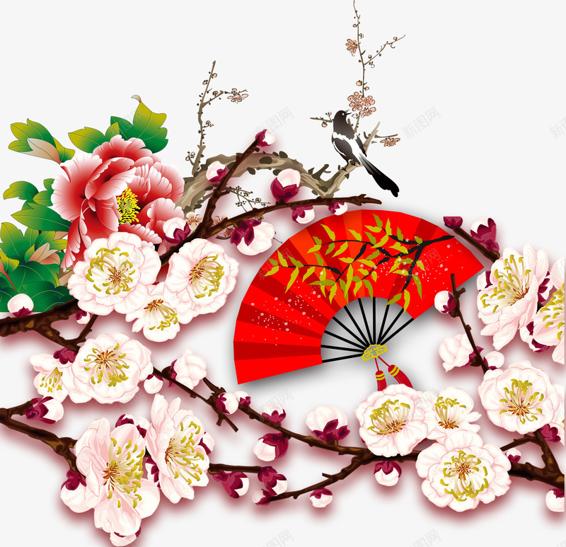 中国风新年装饰鲜花png免抠素材_88icon https://88icon.com 中国风 扇子 新年装饰 梅花 牡丹 装饰图案 鲜花