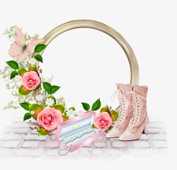 公主风照片相框珍珠高跟鞋粉红花朵相框高清图片