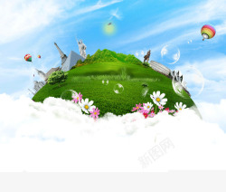 地球城堡天空花卉背景装饰图案素材
