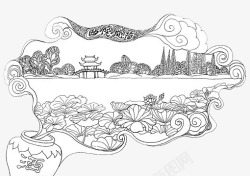 水墨手绘旅游杭州地标图素材