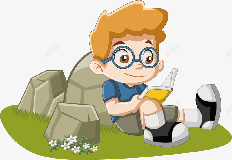 坐在草地上看书的小男孩矢量图ai免抠素材_88icon https://88icon.com 小男孩 看书 石头 矢量图
