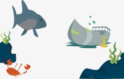 卡通沉船沉船鲨鱼海下生物矢量图高清图片