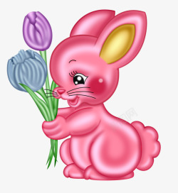 一只拿着花的粉红色兔子素材
