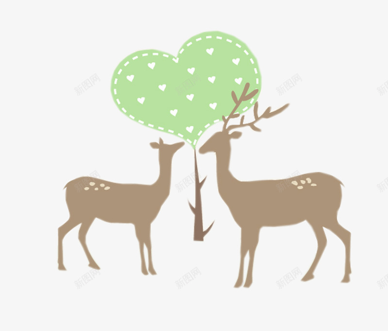 绿色心形树下的两只小鹿png免抠素材_88icon https://88icon.com 两只鹿 小鹿 心形树 梅花鹿 爱情 爱情插图