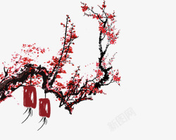 春节橱窗挂着灯笼的梅花树元素高清图片