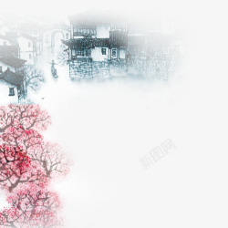 粉红色梅花古镇里的水城高清图片