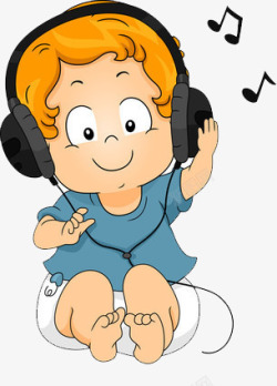 戴着耳机卡通版的幼儿戴着耳机在听音乐高清图片